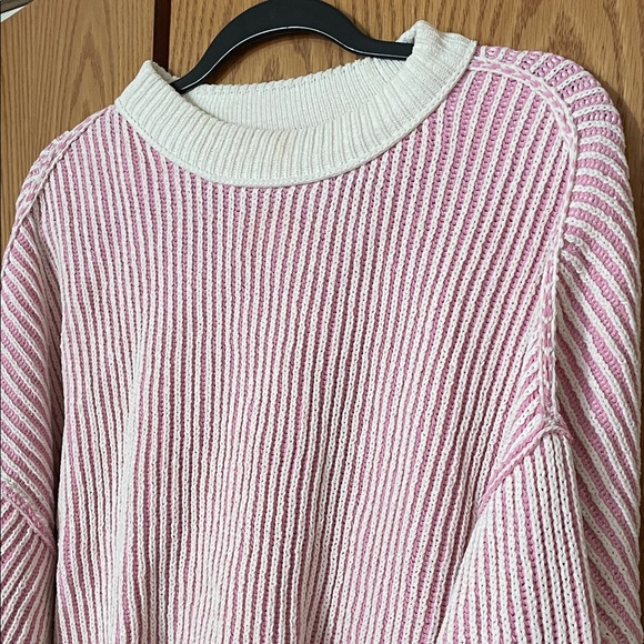 Aerie Striped Pink and Cream Crew Neck Sweater - Picture 2 of 8